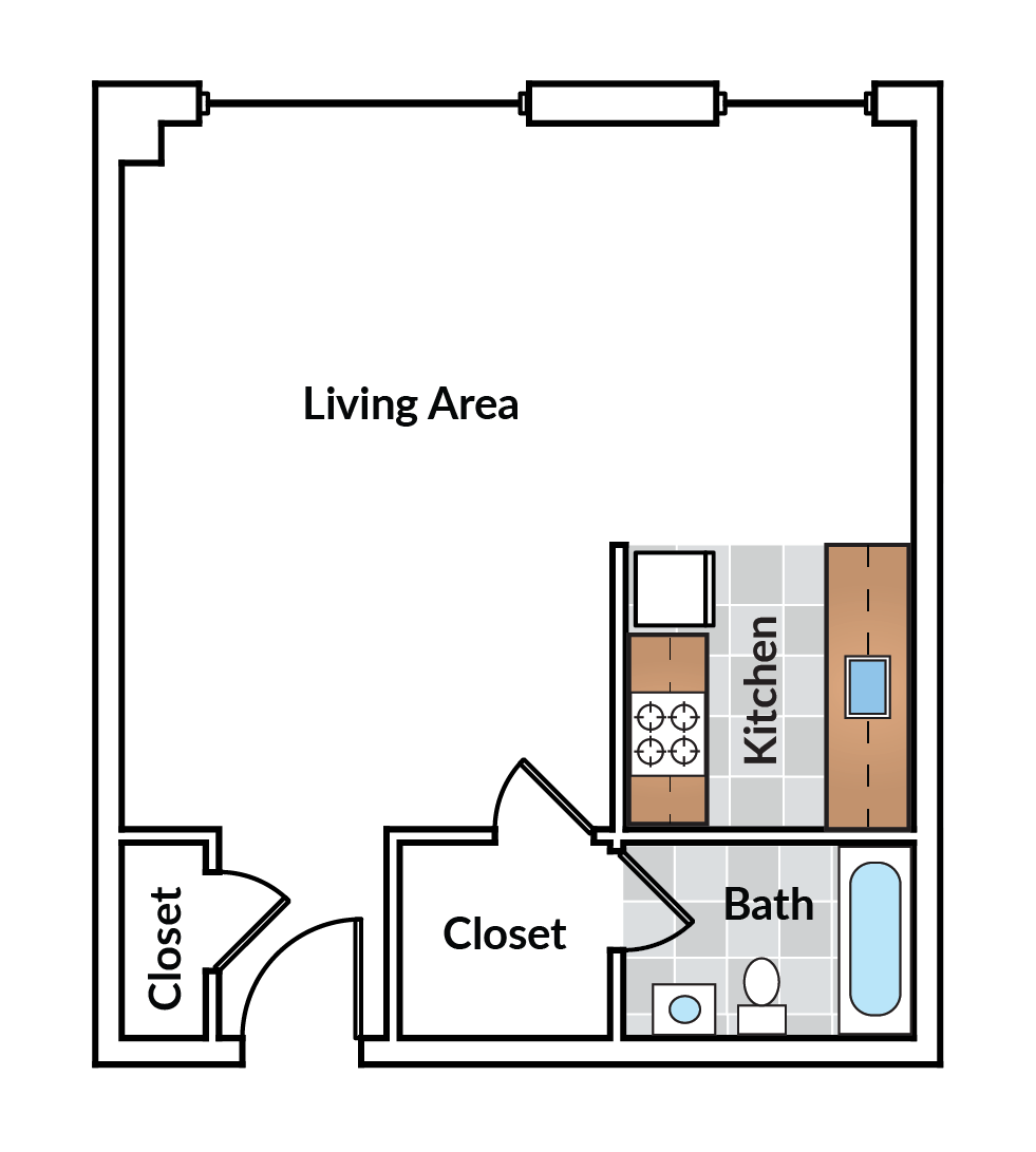 Floor plan for studio, 1 bath, 555 sqft